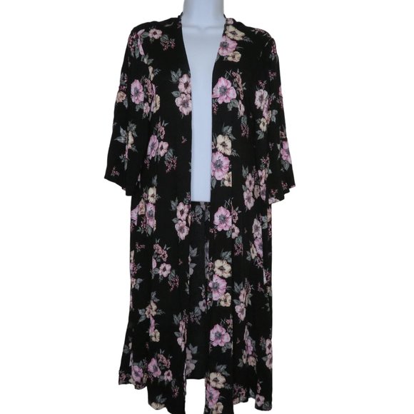TORRID Womens Mid Length Floral Black Kimono Small Cover Up Open Front Duster - Picture 1 of 9